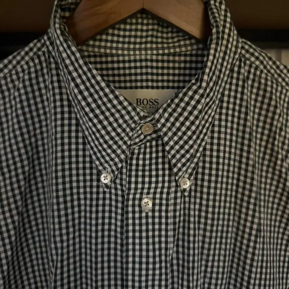 Hugo Boss Men’s Gingham Check Button Down Dress Shirt Black White